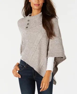 Ladies Fashion 100% Cashmere Cable Knitted Poncho with Button