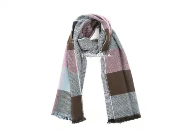 Fashion Accessory Unisex Men Women Winter Purple Brown Light Blue Mixed Acrylic Brushed Woven Fringe Double Sides Reversable Grid Checks Design Long Scarf
