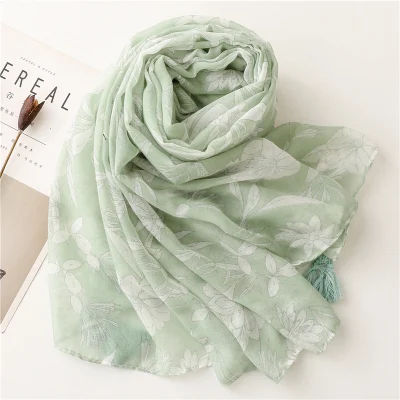 Plain Elegant Simple Style Cotton and Linen Feel Ladies Light Green Flowers Handmade Fringed Gauze Lady Scarf