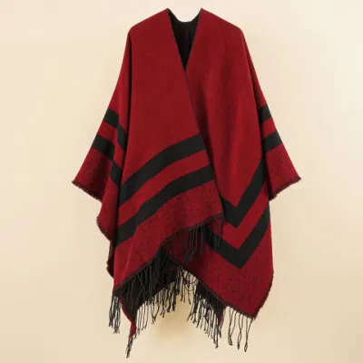Women Fashion Six Colors Stripes Warn Cape/Poncho Geomerty Scarf/Shawl/Kimono Soft Scarf with Tassles Girls with Comfortable Touch