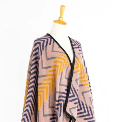 Apparel Women Open Front Winter Knitted Reversible Printed Oversized Geometric Pink Striped Lined Sweater Bohemian Cardigan Tartan Zigzag Cloak Cape Poncho
