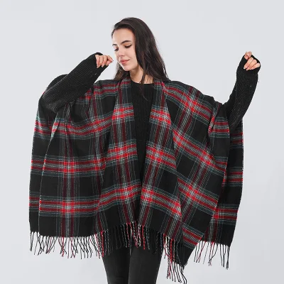 New European and American Plaid Autumn and Winter Outerwear Cape Shawl Imitation Cashmere Tassel Scarf for Women