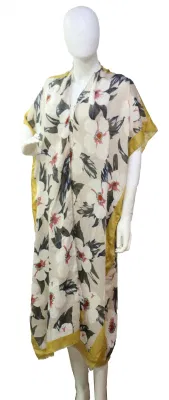 Lady&prime; S Shawl Poncho with Big Flower Kimono Mustard Edge Beach Fashion Summer 2022