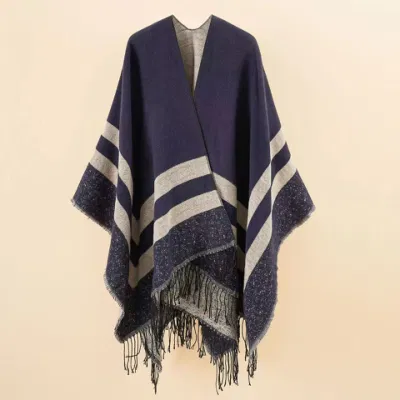 Women Fashion Six Colors Stripes Warn Cape/Poncho Geomerty Scarf/Shawl/Kimono Soft Scarf with Tassles Girls with Comfortable Touch