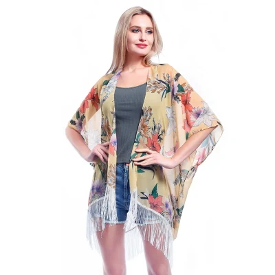 Oversized Stylish Lady Floral Print Chiffon Open Front Poncho