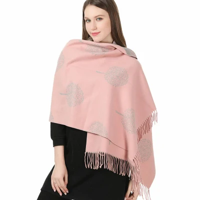 Mulberry Tree Reversible Wool Blend Blanket Scarf Tree of Life Tassel Scarf