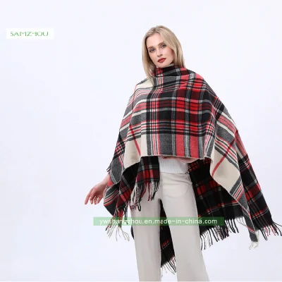  Jacquard Western Plaid Cape Fashion Scarf Lady Cashmere Slit Shawl Winter