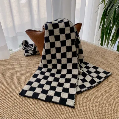 Fashion Design Winter Women Knitted Polyester Warm Scarf Checkerboard Plaid Shawls