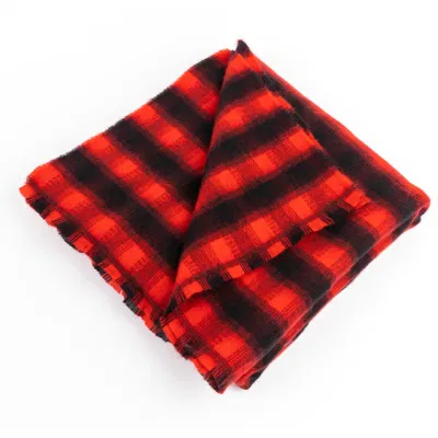 Wholesaler Custom Outerwear Apparel Accessory Unisex Winter Red Acrylic Fringe Small Checks Grid Tartan Cashmere Feel Shawl Pashmina Windowpane Blanket Scarf