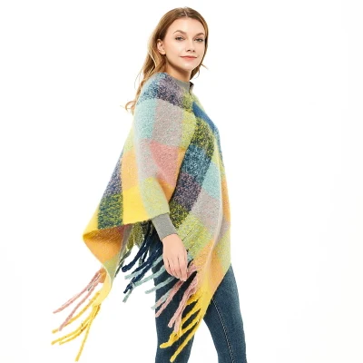High Quality Checked Poncho Wrap Shawl for Women