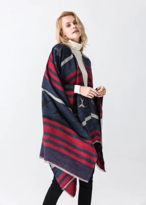 Red Star Jacquard Thick Woven Women Open Front Poncho for Winter