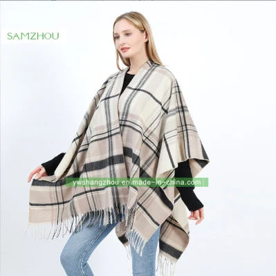 Western Plaid Cape Fashion Scarf Lady Cashmere Slit Shawl Winter