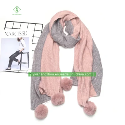 Contrast-Color Cashmere Scarf with Wool Ball Warm Fashion Soft Lady Shawl
