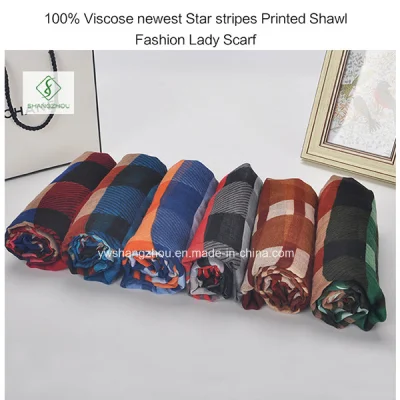 100% Viscose Newest Star Stripes Printed Shawl Fashion Lady Scarf