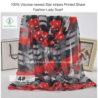 100% Viscose Newest Star Stripes Printed Shawl Fashion Lady Scarf