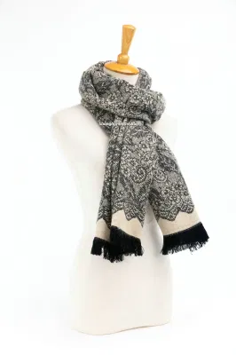 Fashion Accessory Women Winter Pink Grey Acrylic Woven Fringe Lace Jacquard Flower Floral Design Long Scarf
