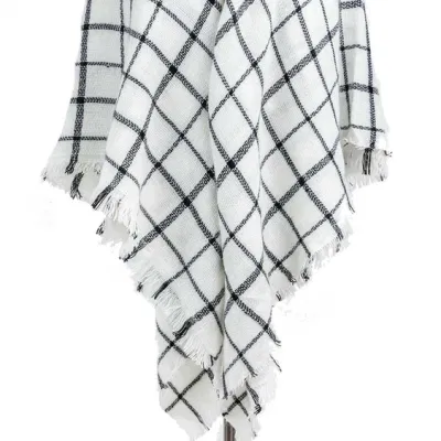 Custom Outerwear Outfit Apparel Accessory Unisex Spring Winter White Short Fringe Checks Grid Tartan Warm Pashmina Windowpane Beach Headwear Blanket Scarf Shawl