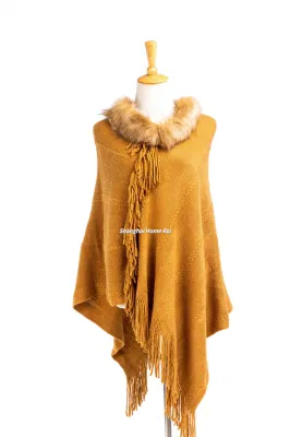 Supplier Outfit Fall Winter Lady Fashion Plus Couture Batwing Irregualar Shape Classic Knitted Camel Solid Tassel Cozy Fluffy Chunky Sweater Boat V-Neck Cape
