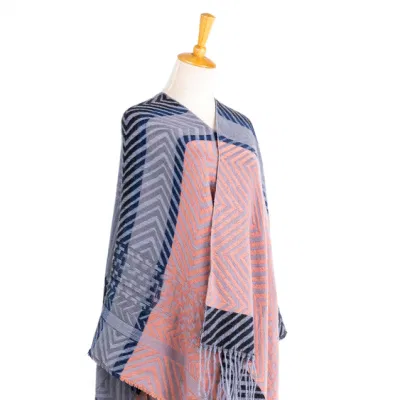 Apparel Women&prime;s Poncho Open Front Winter Pink Knitted Reversible Oversized Elegant Fringe Geometric Striped Lined Bohemian Tartan Blanket Zigzag Cloak Poncho