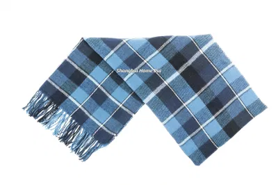 Fashion Accessory Unisex Men Women Winter Blue Navy Mixed Acrylic Brushed Woven Fringe Grid Checks Design Long Scarf
