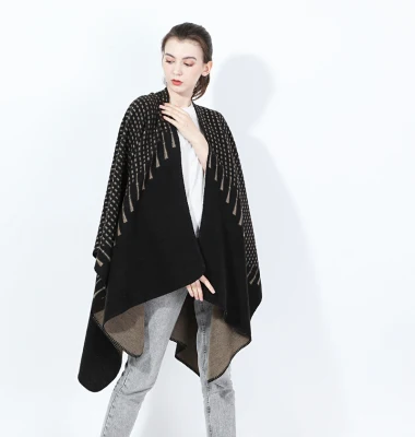 New Jacquard Acrylic Poncho Shawl Woven Warm and Soft Brown Women Poncho