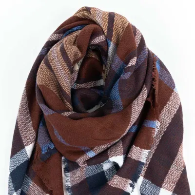 Wholesaler Outerwear Apparel Accessory Unisex Spring Winter Wine Acrylic Fringe Checks Grid Tartan Pashmina Windowpane Headwear Oversize Blanket Scarf Shawl