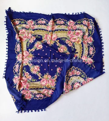 Hot Twill Yiwu Manufacturer 100*100cm Soft Ethnic Slavic Scarves Babushka Square Viscose Floral Russian Shawl Scarf