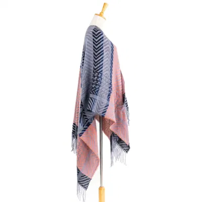 Apparel Women&prime;s Poncho Open Front Winter Pink Knitted Reversible Oversized Elegant Fringe Geometric Striped Lined Bohemian Tartan Blanket Zigzag Cloak Poncho