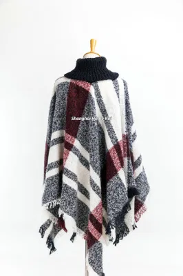 Spring Autumn Woman Lady Warm Fashion Woven Polyester Boucle Yarn Brushed Black Mixed Colour Fringe Pullover Wraps Grids Plaid Checks Shawl Turtleneck Poncho