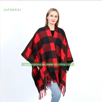 Western Plaid Cape Fashion Scarf Lady Cashmere Slit Shawl Winter