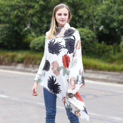 Lady&prime;s Fashion Floral Print Viscose Shawl Spring Autumn Muffler Textured High Quality Fabric Wrap Wrap Soft Hijab Scarf