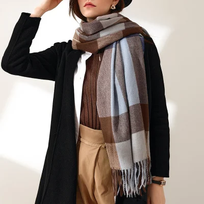Long Checked Blanket Chunky Women&prime;s Warm Wool Winter Oversize Scarf