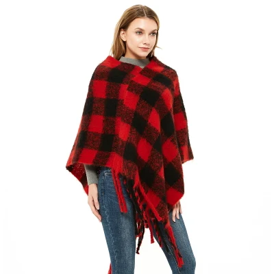 High Quality Winter Women Black Checked Poncho with Tassels