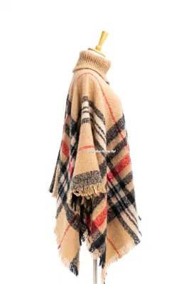 Home Rui Outerwear Spring Autumn Woman Warmth Camel Apparel Accessory Boucle Fringe Oversize Pullover Lattice Tartan Grids Turtleneck Shawl Cloak Cape