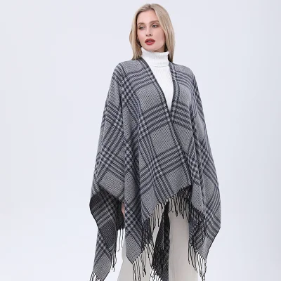 Plaid Jacquard Simple Wrap Checked Shawl Thick Poncho Fringe Tassels Women Cape
