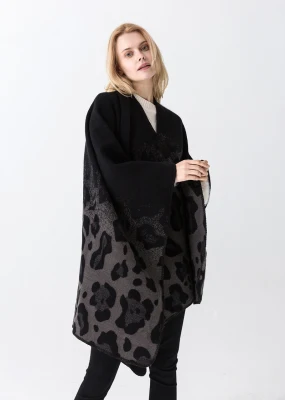Stylish Polyester Poncho Winter Jacquard Scarf Shawl Leopard Pattern Women Cape