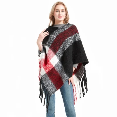High Quality Winter Women Black Checked Poncho with Tassels