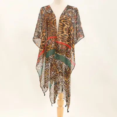 Leopard Print Pashmina Silky Shawl Kimono Scarfs Stole Wrap Cover up Women