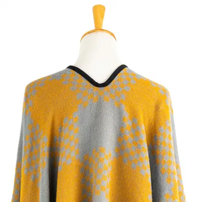 Outerwear Woman Mustard Warm Apparel Oversize Double Sides Grey Block Front Open Lattice Tartan Grids Dots Square Art Casual Shawl Sweaters Cape Pallium Poncho