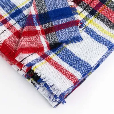 Wholesaler Outerwear Apparel Accessory Women Spring Winter Blue Short Fringe Checks Grid Tartan Warm Pashmina Windowpane Beach Headwear Blanket Scarf Shawl