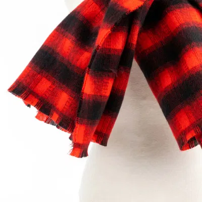Wholesaler Custom Outerwear Apparel Accessory Unisex Winter Red Acrylic Fringe Small Checks Grid Tartan Cashmere Feel Shawl Pashmina Windowpane Blanket Scarf