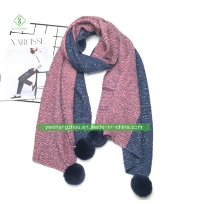 Contrast-Color Cashmere Scarf with Wool Ball Warm Fashion Soft Lady Shawl