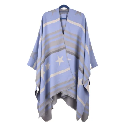 Red Star Jacquard Thick Woven Women Open Front Poncho for Winter