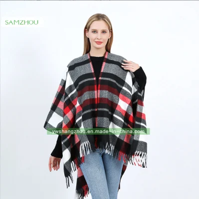 Western Plaid Cape Fashion Scarf Lady Cashmere Slit Shawl Winter