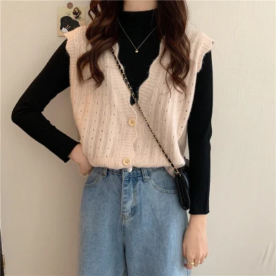  Hollow Knitted Vest Cardigan Women&prime;s Autumn and Winter New V-Neck Vest Sweater Shawl