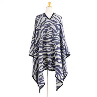 Outerwear Spring Autumn Woman Navy Warmth Apparel Accessory Oversize Navy Unique Jacquard Knitted Zebra Lined Hemming Art Casual Sweaters Cape Pallium Poncho