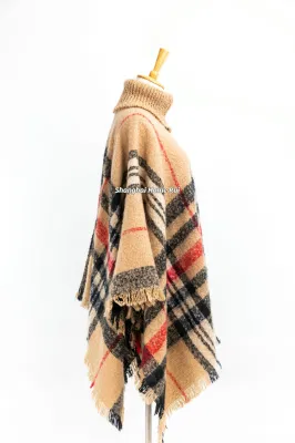 Spring Autumn Woman Lady Warm Fashion Woven Acrylic Boucle Yarn Brushed Brown/Camel Colour Fringe Pullover Wraps Grids Plaid Checks Shawl Turtleneck Poncho