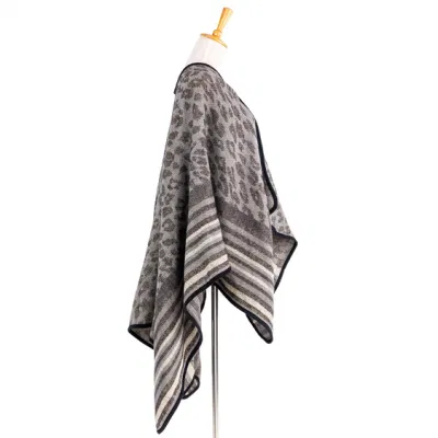 Apparel Women Grey Winter Knitted Reversible Front Open Oversized Elegant Leopard Cheetah Dots Striped Sweater Cardigan Lined Blanket Cape Pallium Poncho