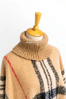 Spring Autumn Woman Lady Warm Fashion Woven Acrylic Boucle Yarn Brushed Brown/Camel Colour Fringe Pullover Wraps Grids Plaid Checks Shawl Turtleneck Poncho