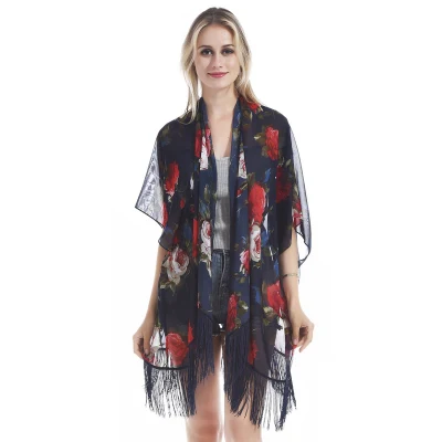  Wholesale Summer Chiffon Cardigan Poncho with Tassel for Ladies